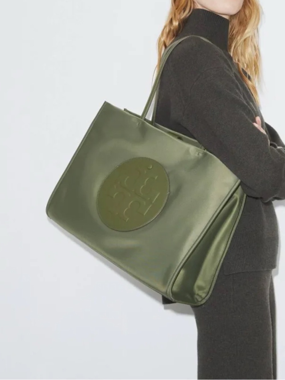 Tory Burch Olive color  Logo Satin Tote